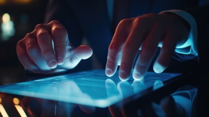 Poster - business, internet and technology concept - close up of businessman hands working with table pc and 