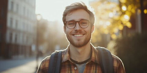 Poster - Smiling Man on Street with Blurred Background