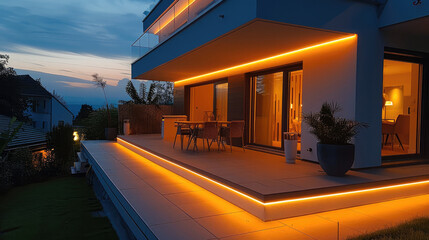 A normal average terrace house with indirect led-strips lighting in warm-cold light.