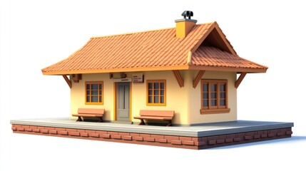 Poster - A charming, stylized train station model with a sloped roof and benches.