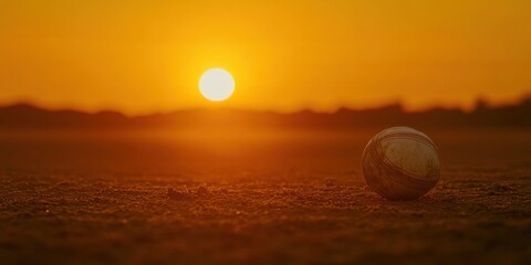 Poster - A rugby ball rests on the ground as the sun sets in a serene landscape.