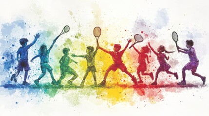 Poster - Colorful illustration of children playing tennis, showcasing joy and movement.