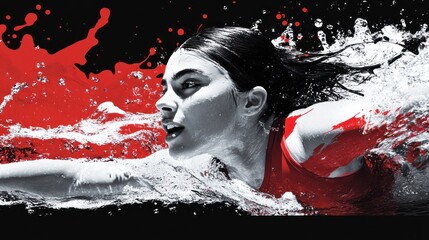 Poster - A dynamic swimmer in a splash of red and water, capturing motion and intensity.