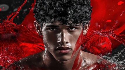 Poster - A close-up portrait of a young man with a dramatic red background and water effects.