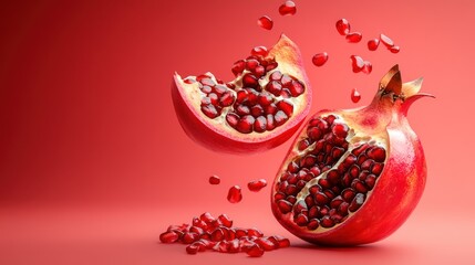 Aufkleber - A vibrant pomegranate split open, showcasing its juicy seeds against a red background.
