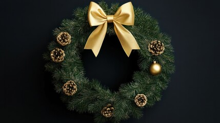 Wall Mural - christmas wreath with gold ribbon bow isolate for design