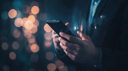 Fototapete - On a virtual screen, the businessman shows a data management system connected to a database to create a report with KPIs and metrics. It shows finance, operations, sales, and marketing, as well as