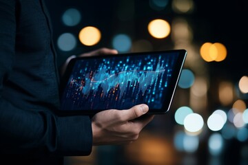 Leinwandbilder - The concept of business analytics includes data analysis and reporting plans, depicted on a virtual screen with dashboard charts. Businessman is analyzing financial statistics and conducting market