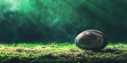 Poster - A rugby ball resting on grass, illuminated by soft light and surrounded by mist.