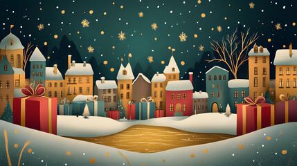 Land with buildings, big Christmas gifts, different shapes, golden river, snowy trees, sky full of Christmas lights, elegant, simple style, dark sky, gold, dark green, red.