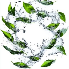 Canvas Print - Various fresh green leaves splashing with water, cut outs