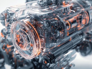 Poster - Detailed Illustration of a Transparent Engine with Complex Internal Components, Showcasing Innovation and Technology in Modern Automotive Design
