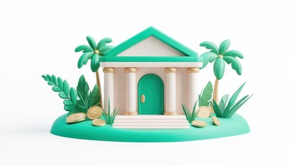 Poster - A stylized bank building surrounded by tropical plants and coins.