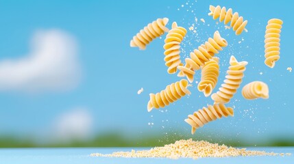 Aufkleber - Falling spaghetti pasta in twisted shapes through the air. Dynamic food image of pasta falling through the air.