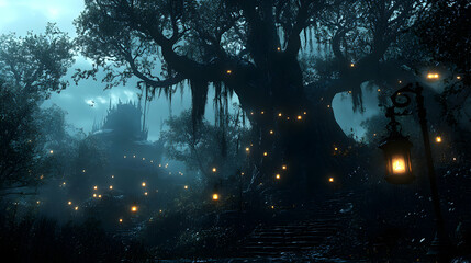 Wall Mural - A Digital Illustration Depicting a Mysterious Forest Path Leading Up to a Stone Castle Under a Dark, Foggy Sky, Illuminated by Lanterns Hanging From a Large Tree