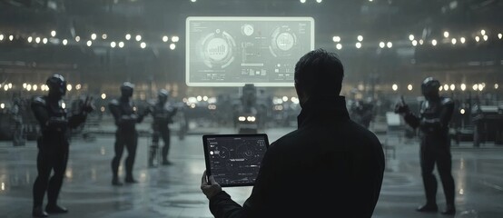 Poster - Engineer manager using tablet to monitor and control robot arms in intelligent factory industrial controlled over virtual interface screen, Industry 4.0 concept