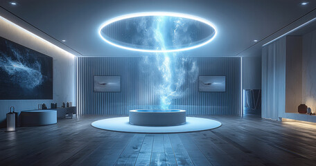 Poster - Interior of a room, with a circular LED screen hanging in the center of the room.