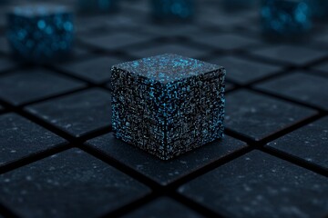 Poster - A 3D illustration of a glass cube digitally abstracted with a glow line for the concept of a network