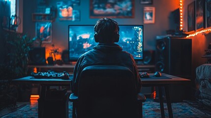Poster - The room is lit by neon lights in retro arcade style and has a paused first-person shooter game playing on the screen. Cyber Sport Championship is shown on the screen.