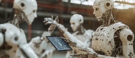Aufkleber - In an intelligent factory industrial, an engineer and manager use tablets to monitor and control automation robot arms machines.