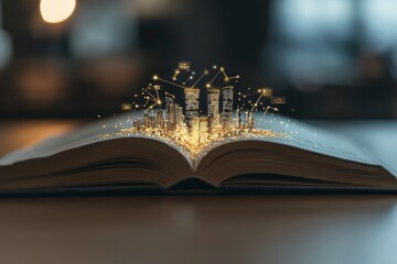 Leinwandbilder - In the open book pages, a beautiful scene of modern city skyline appears with an IoT automation system controlling the wireless connections.