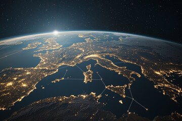 Poster - This is a European telecommunication network that connects Europe, France, Germany, the UK, and Italy. It also showcases technologies like blockchain and the Internet of Things, elements derived from
