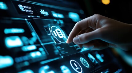 Poster - DIgital marketing online internet SEO SEM SMM. Hand pressing button on screen.