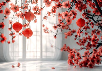 Aufkleber - Cherry blossoms on the branch with buds and leaves. Chinese New Year Sakura and lanterns with pigs. Illustration.