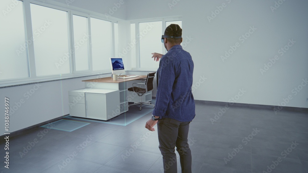 VFX animation: Talented African American designer in VR headset uses ...