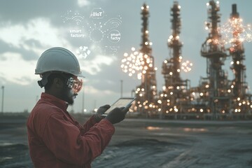 Poster - Image showing a double exposure of an engineer with an oil refinery industrial plant background, industrial instruments in a factory, and a concept image of Industry 4.0 devices.
