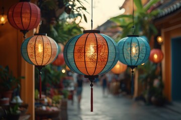Aufkleber - A colorful tradition lantern hangs from the street market in mid-autumn festival at the Chinatown lantern market in Saigon, Vietnam. Chinese lanterns and many kinds of lanterns are hanging from the