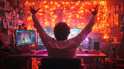 Leinwandbilder - An evening at home with a Gamer Playing and Winning in First-Person Shooter Online Video Game on His Powerful PC. Room and PC have Colorful LED Neon Lights.