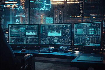 Poster - Modern Office Workspace with Multiple Computer Monitors Displaying Data Analysis and Graphs in a High-Tech Environment at Night
