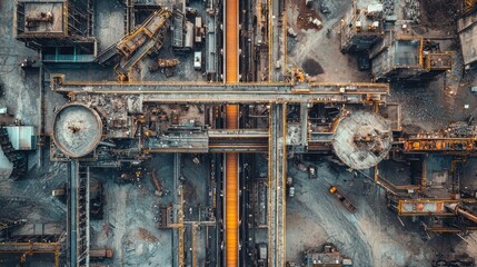 Poster - Aerial View of Industrial Facility Showing Production Lines and Machinery in Operation, Highlighting Metal Processing and Transportation Systems