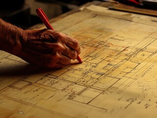 Poster - An Architect’s Hand Sketching Detailed Blueprints on a Large Sheet of Yellowed Paper, Capturing the Essence of Creative Design and Planning Process