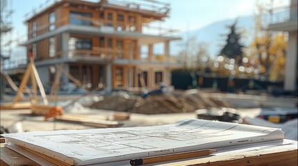 Poster - Table with architectural design, construction schedule sheets and in the background a residential project under construction at the construction site.