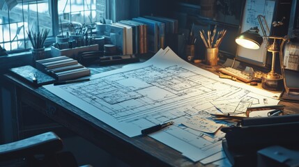 Poster - Detailed Architectural Blueprint Spread Across a Wooden Desk Surrounded by Stationery and a Warm Desk Lamp in a Cozy Study Environment