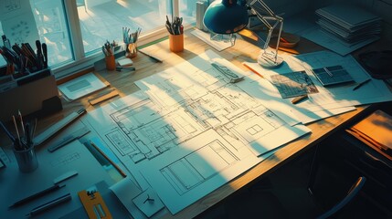 Poster - Detailed Architectural Blueprint with Drafting Tools and Soft Sunlight Illuminating a Workspace Filled with Plans, Pens, and Creative Inspiration in a Modern Office Environment