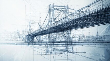 Poster - Detailed Architectural Blueprint of a Modern Bridge Over Water with Surrounding Cityscape, Showcasing Structural Elements and Artistic Lines in Ink Style
