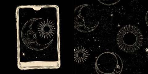 Wall Mural - vector illustration set of moon phases. different stages of moonlight activity in vintage engraving 