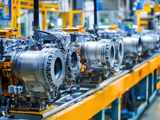 Poster - Industrial Production Line with High-Tech Jet Engines Showcasing Advanced Engineering and Precision Manufacturing in a Factory Environment