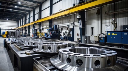 Poster - Industrial manufacturing scene showcasing large precision metal components in a spacious factory environment with advanced machinery and overhead cranes.