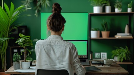 Leinwandbilder - In a startup office, a worker looks at a laptop with a greenscreen template. A sales consultant uses an isolated mockup background with a chroma key display and blank copyspace on the screen.
