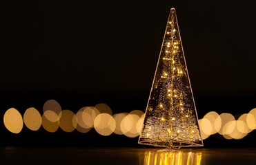 Poster - An image of a festive Christmas tree with a wooden table with bokeh effect