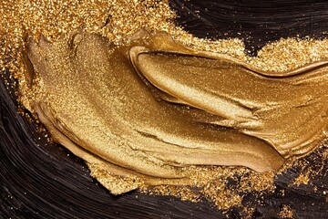Poster - Wooden rustic background with warm gold garland lights on a wooden board. Glitter overlay.