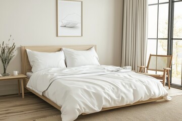 Poster - White and cream pillows on the bed in a country interior design of a modern bedroom