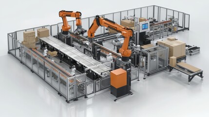 Poster - Advanced Automated Packaging System with Robotic Arms and Conveyor Belts in Modern Warehouse Environment for Efficient Operations and High Productivity