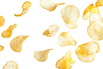 Poster - Crispy snack pieces of fried potato chips falling in the air on a transparent background. Snack time, junk food concept, calorie intake.