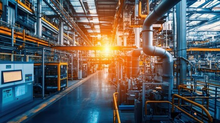 Poster - Industrial Interior of a Modern Factory with Advanced Machinery and Bright Lighting, Showcasing Efficient Production Processes in a High-Tech Environment