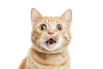 This is a studio portrait of a funny and excited cat face showing a shocked or surprised expression isolated on a transparent png background.